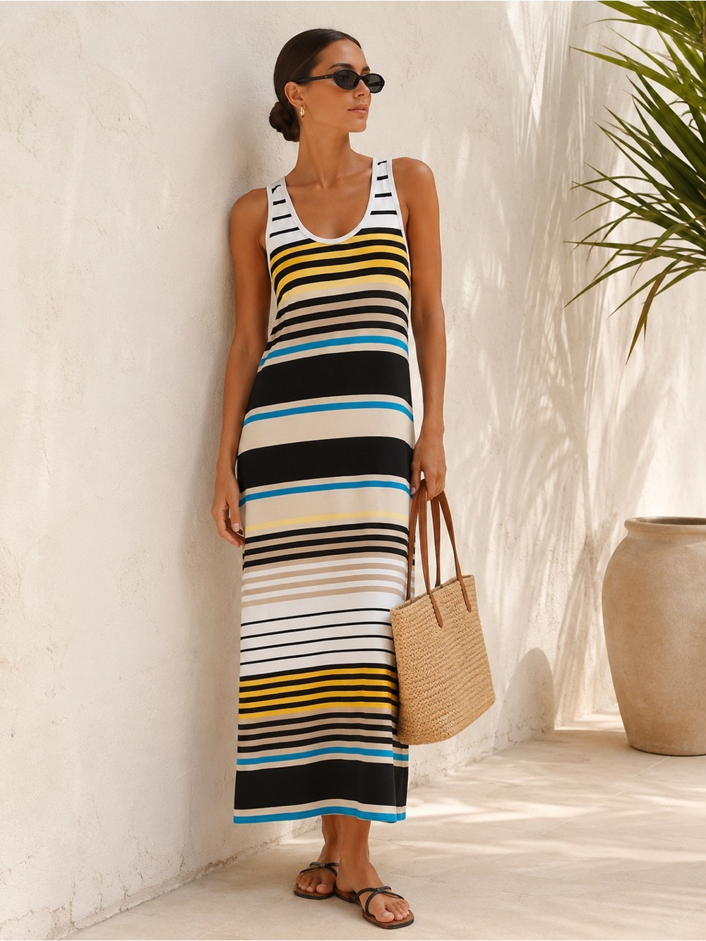 Theory Striped Tank Maxi Designer Dress Medium Black, White, Yellow